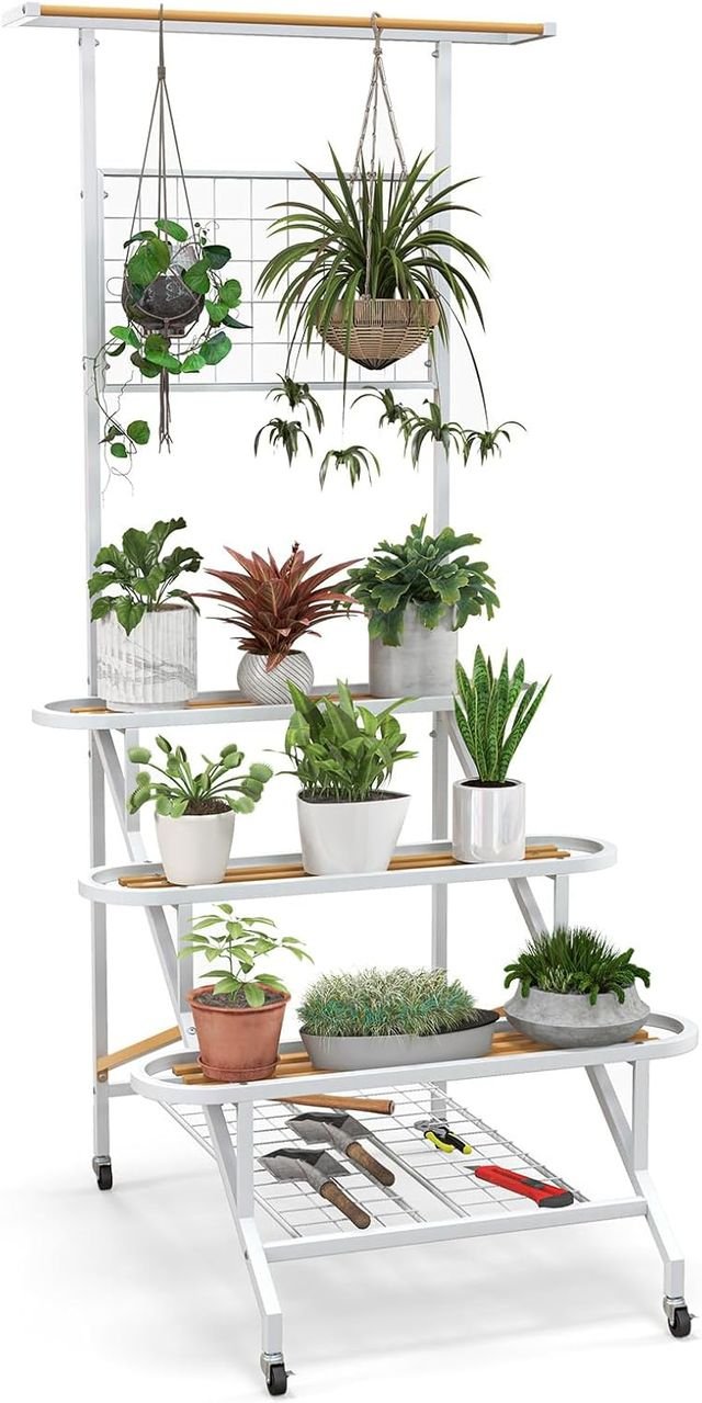 3-stöckiger Pflanzenständer zum Aufhängen, Leiterregal mit Hängestange
