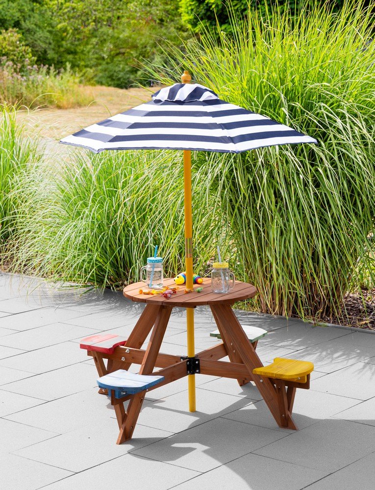 Outdoor Kindersitzgruppe aus Tannenholz inkl. Schirm, ca. 120 x 120 x 57 cm - Bunt