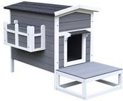 Katzenhaus Katzenhütte Katzenhöhle Kleintierhaus mit Terrasse und Balkon für Katzen Hunde Tannenholz Grau + Weiß 115 x 6...