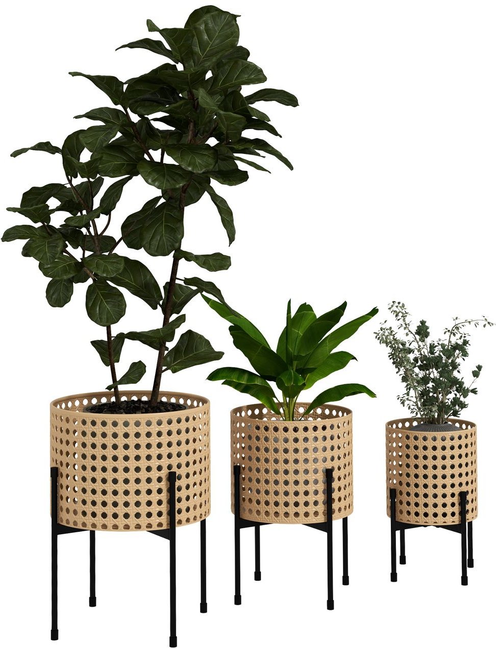 3er-Set Pflanzenständer Blumenständer mit Rattanoptik Stahl Gold
