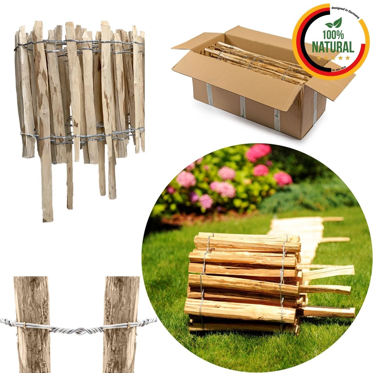 Staketenzaun Haselnuss mit Pfosten 35 cm x 5 m – Natur Gartenzaun, Lattenabstand 4–6 cm