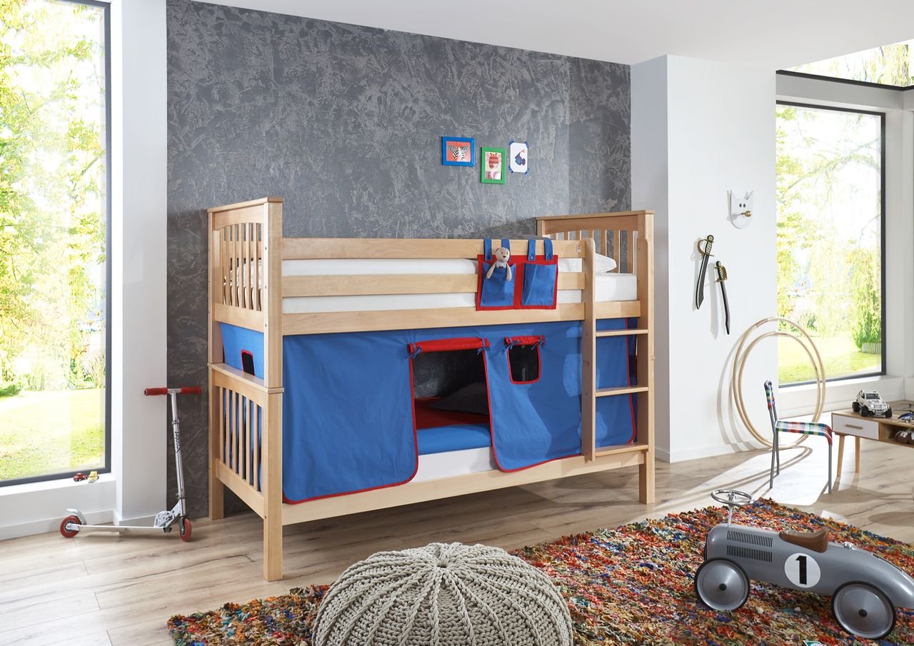 Etagenbett Kick Buche massiv natur lackiert mit Textilset aus Vorhang und Tasche - blau/rot