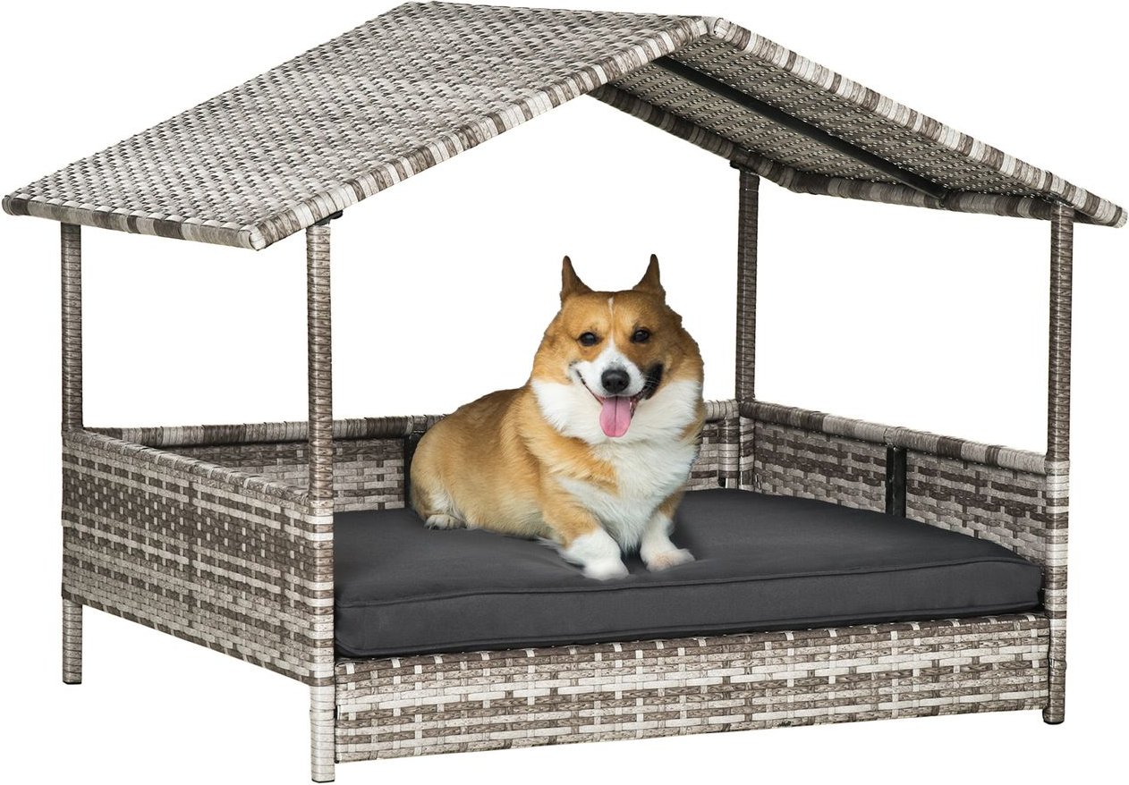 PawHut Rattan Hundehaus Hundebett mit Kissen Hausform Outdoor Hundehütte Grau