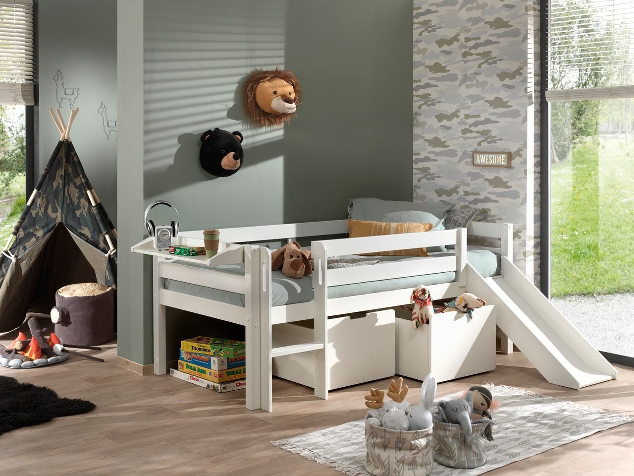 Spielbett 90x200 cm, mit Leiter, Regal, Rutsche, Rolllattenrost, 2 Schubkästen, Kiefer, MDF weiß