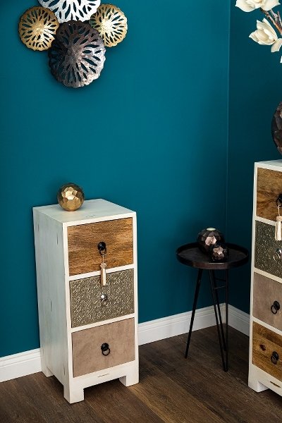 Minikommode mit 3 Lederverzierten Schubladen - Weiß