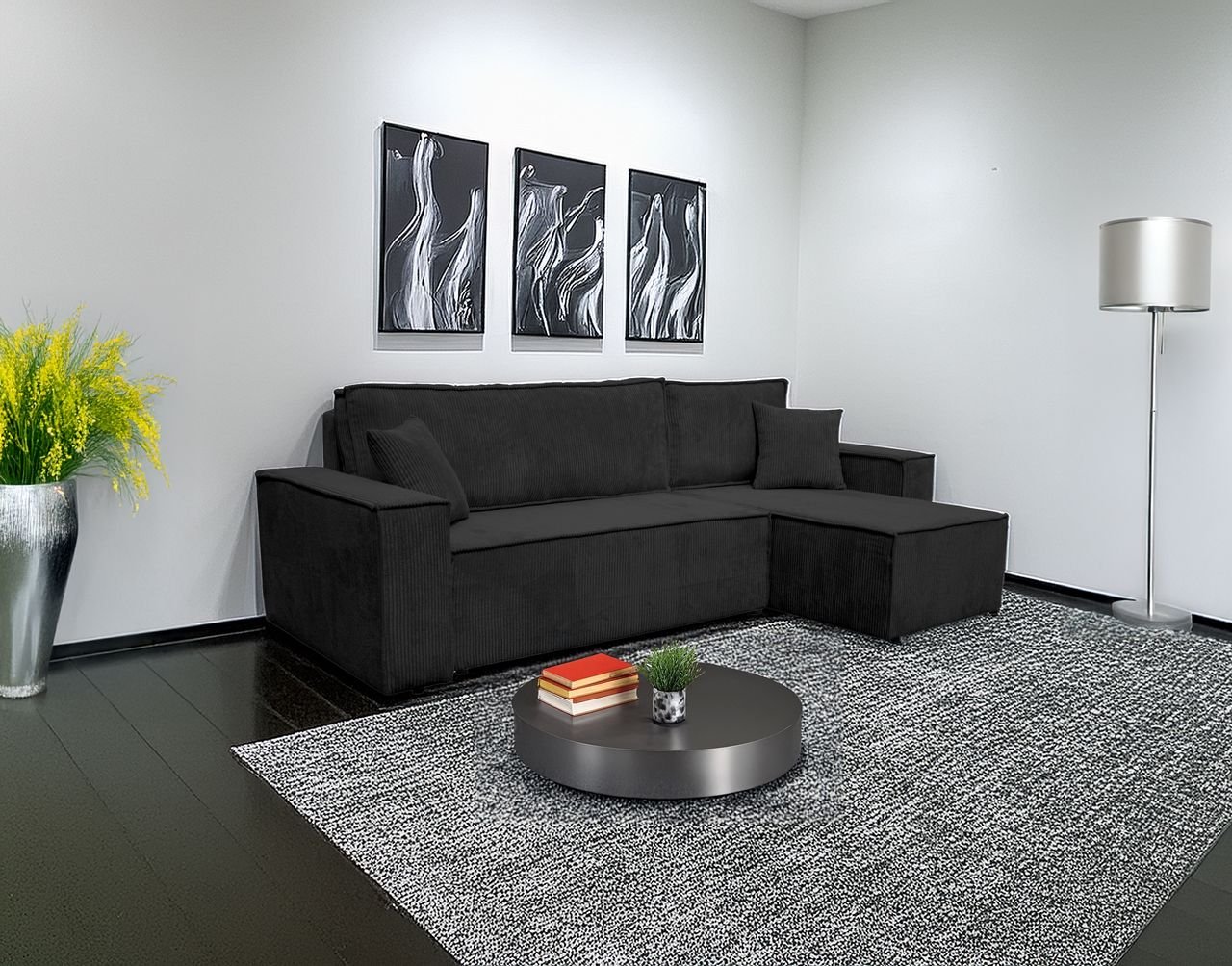 Wohnlandschaft Ecksofa Schwarz COMO Cord mit Bett Sofa Schlafsofa Otto-mane rechts links universell