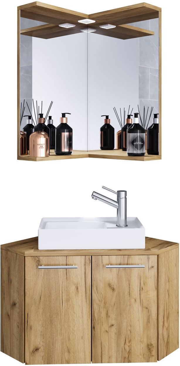 3-tlg. Eck-Waschplatz "Vilosa" mit Spiegel Honig-Eiche