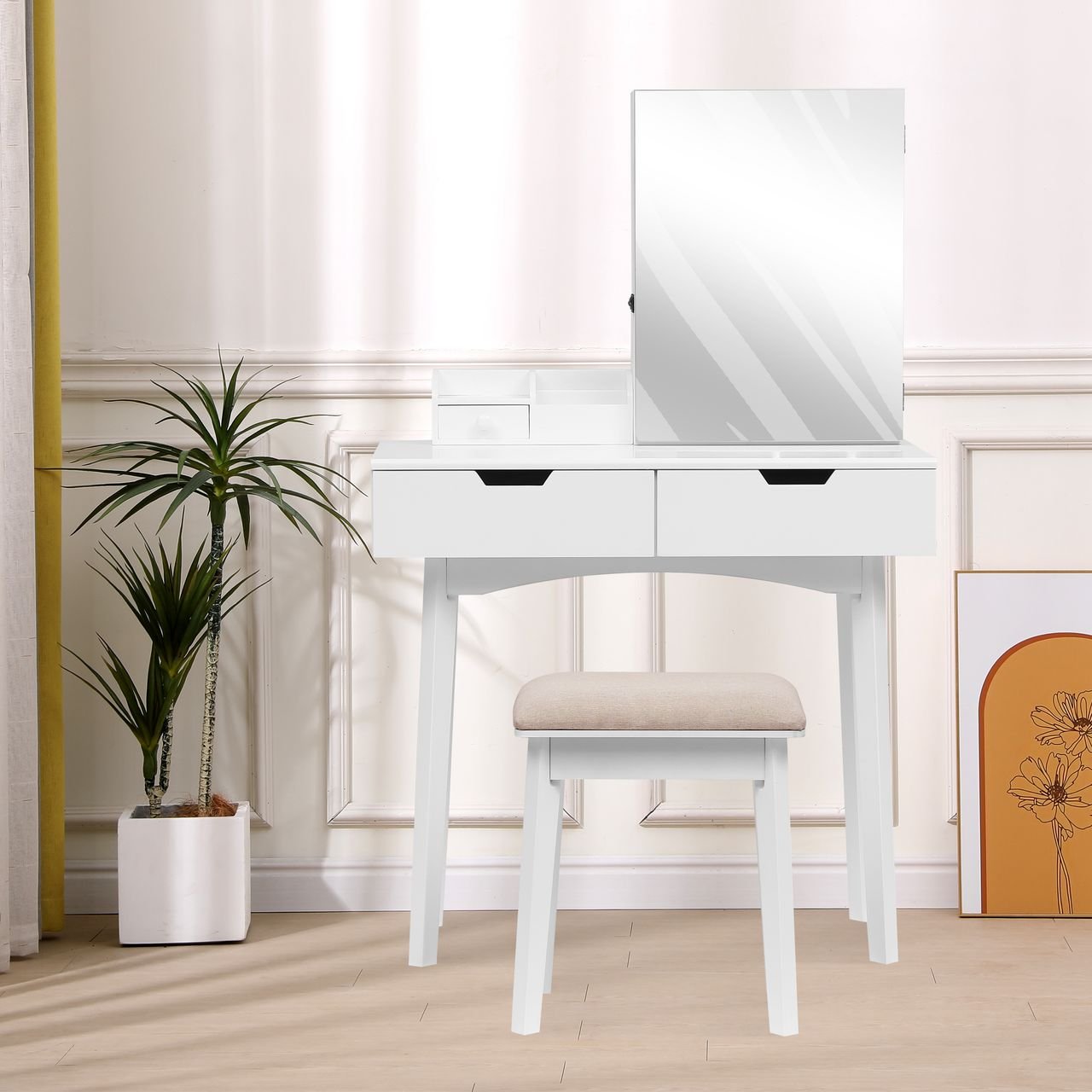 Schminktisch mit Spiegel, 3 Schubladen und Hocker HDT08-WEI weiß