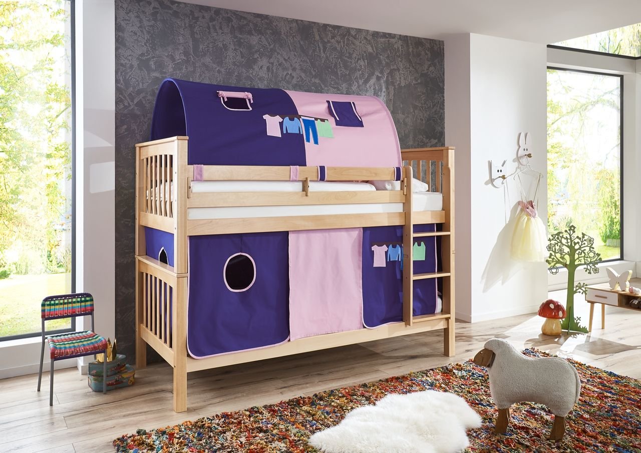 Etagenbett Kick Buche massiv natur lackiert mit Textilset aus Vorhang und Tunnel - Rosa/Violett