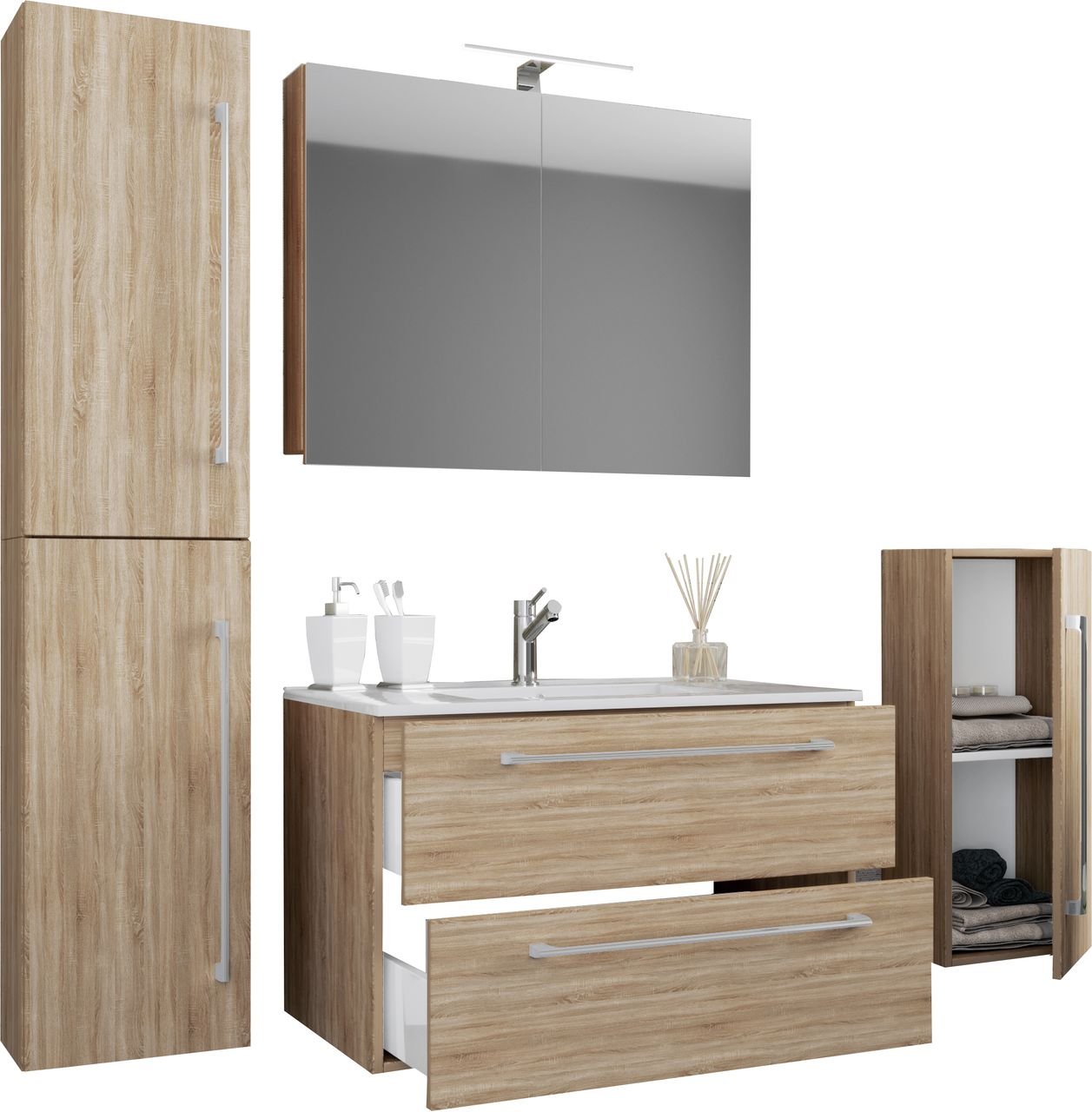 5-tlg. Waschplatz "Badinos 2 Schubfächer" Mit Spiegelschrank und Midi- / Hochschrank Sonoma-Eiche