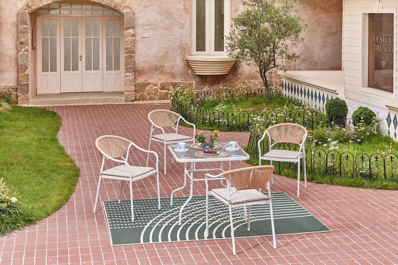 5tlg. Dining Set HGS34-BEI helles Rattan mit Sitzkissen in Beige