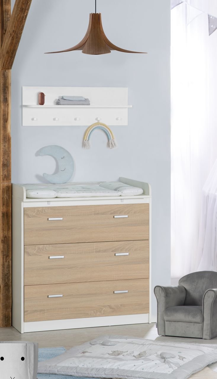 Wickelkommode mit abnehmbarem Wickelansatz „Gabriella“, bicolor, 3 Schubladen, Wickelhöhe 90 cm