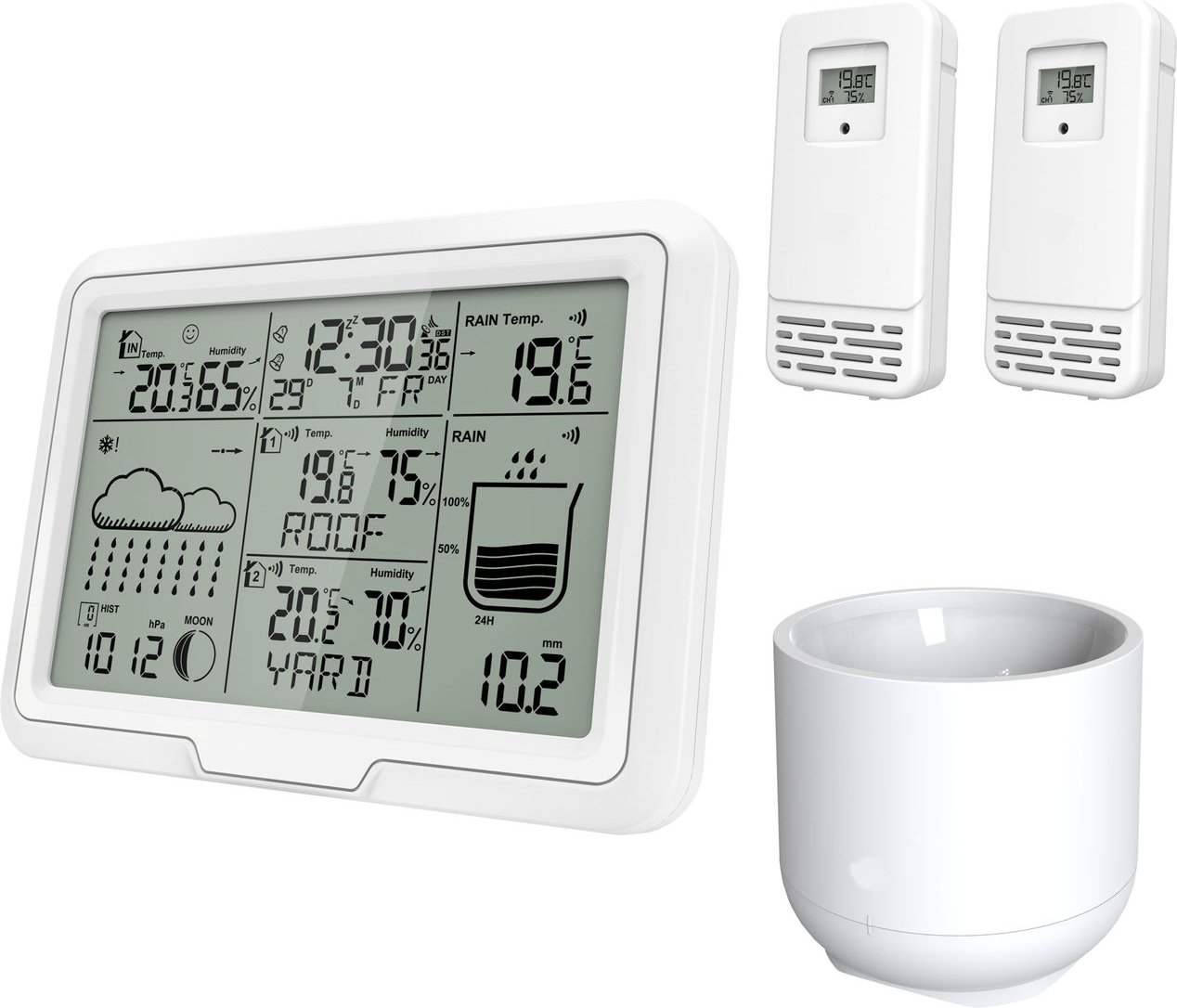 Miraval Design Funk-Wetterstation mit 2 benennbaren Sensoren + Regenmesser Mondphasenanzeige