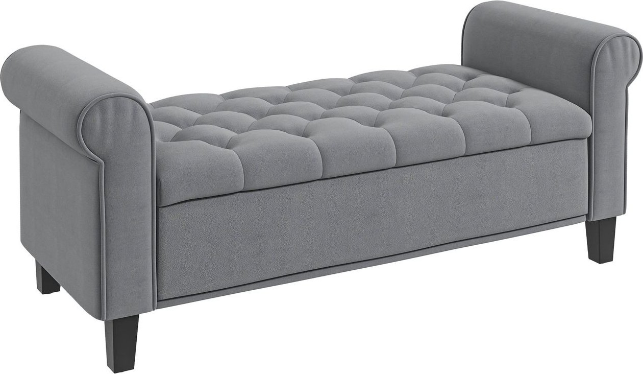 Polsterbank Bettbank, Sitzbank in Samtoptik, Flurbank mit Stauraum, Grau