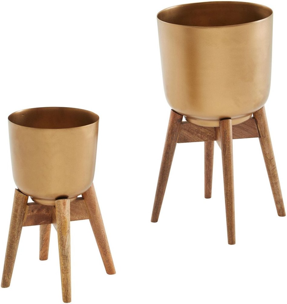 WOHNLING Blumentopf 2er Set Metall Holz Pflanzenkübel Gold Rund Pflanzgefäß