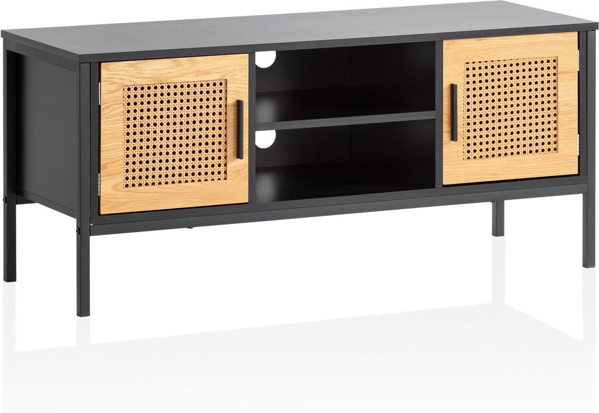 Lowboard 110 cm TV Schrank Holz Schwarz Fernsehkommode Wiener Geflecht