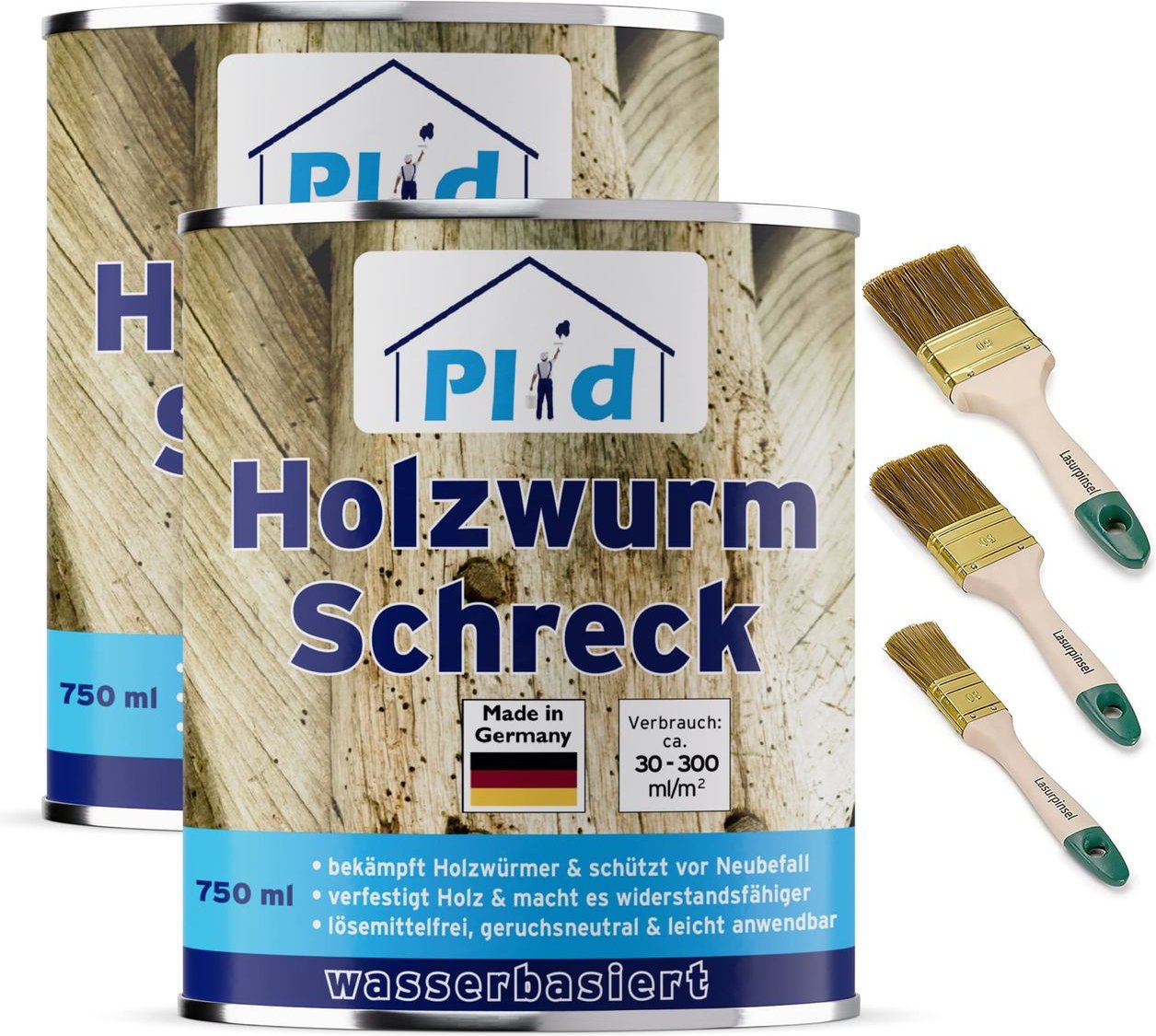 Holzwurm-Schreck 1,5l für ca. 6m² + Pinselset 3-tlg. / Effektiver Holzschutz