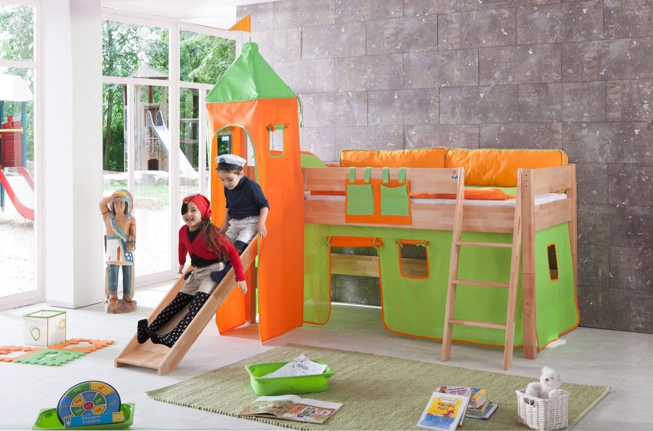 Spielbett KIM 90x200 cm, mit Rutsche, Turm Buche massiv natur lackiert Stoffset grün/orange