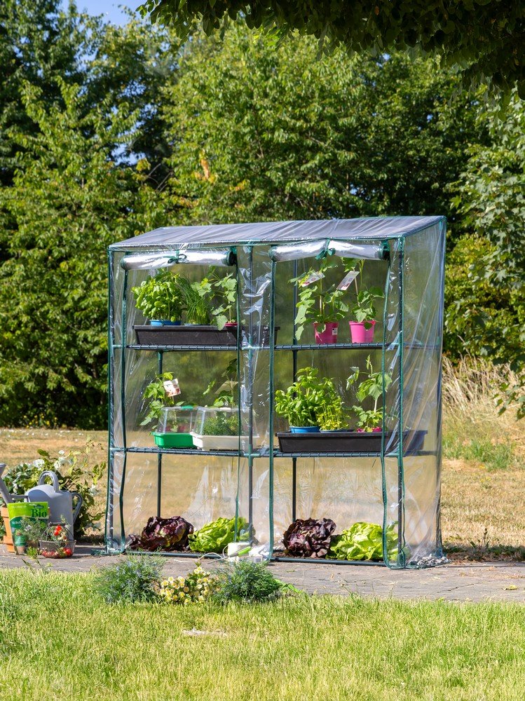 Foliengewächshaus mit 3 Ablagen mit Tür zum Aufrollen