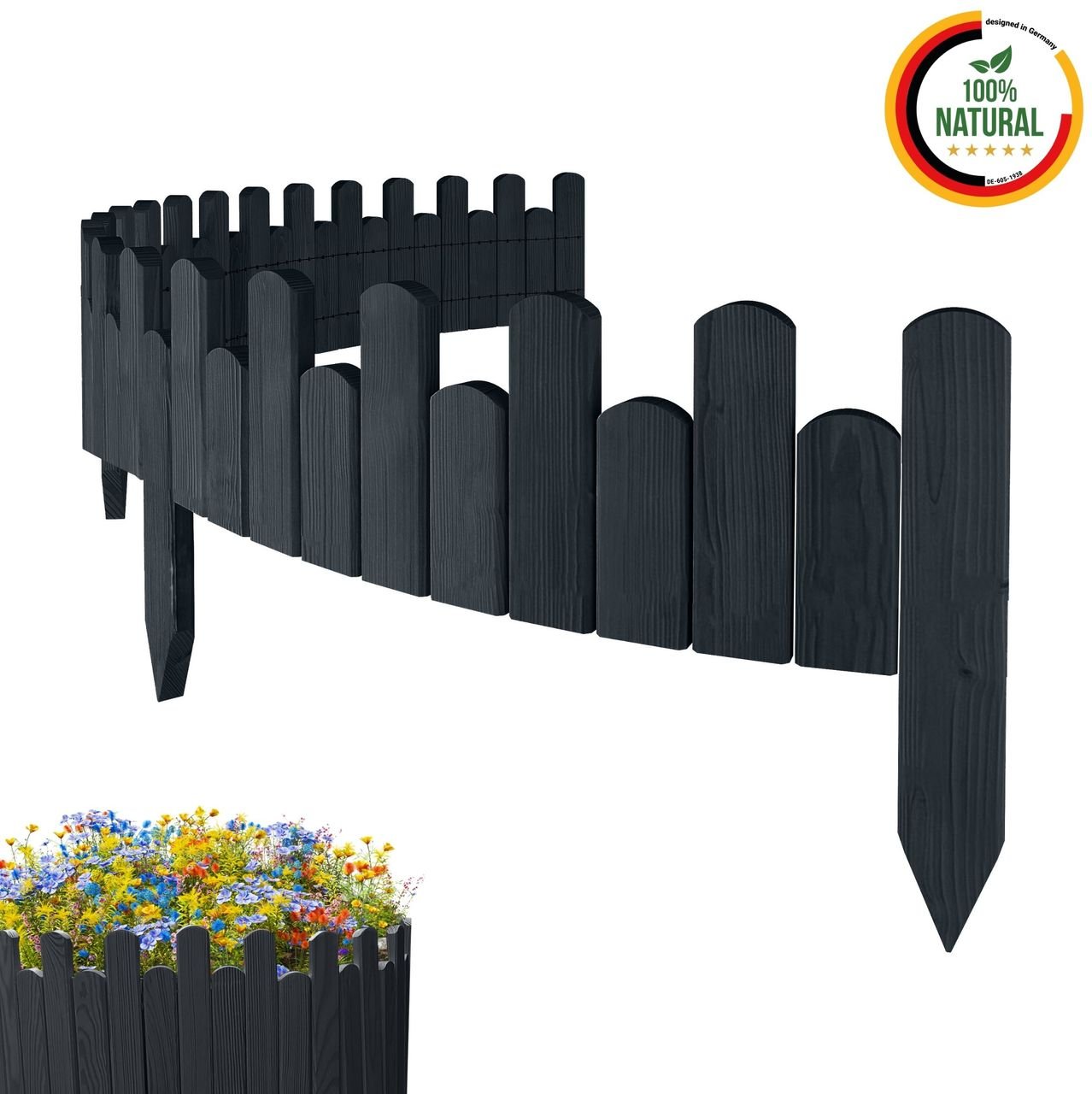 Beeteinfassung Rasenkante 200cm Flexibler Gartenzaun Rollzaun Palisade Höhe 15 cm, Anthracite