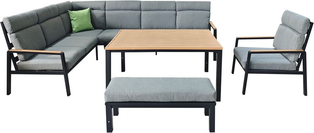 19tlg. Eck-Lounge Set mit hoher Rückenlehne, Sitzkissen - Grau & Holzoptik