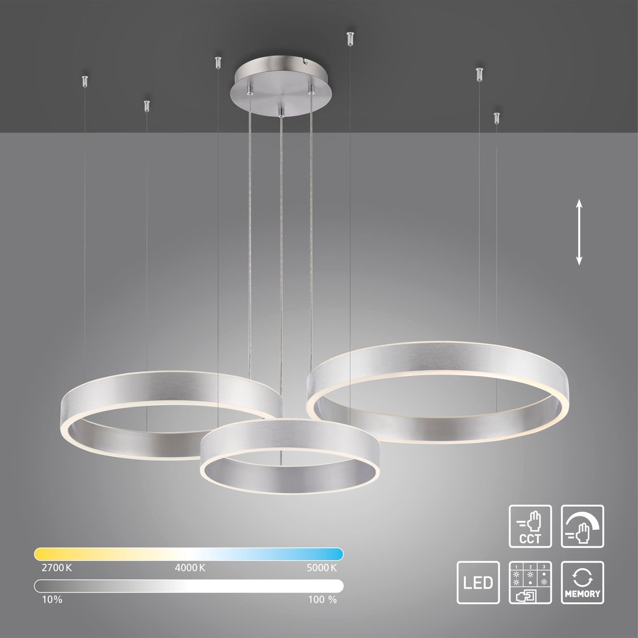 Thumbnail - LED Pendelleuchte SCULLI, CCT, dimmbar, separat schaltbar, Stahl