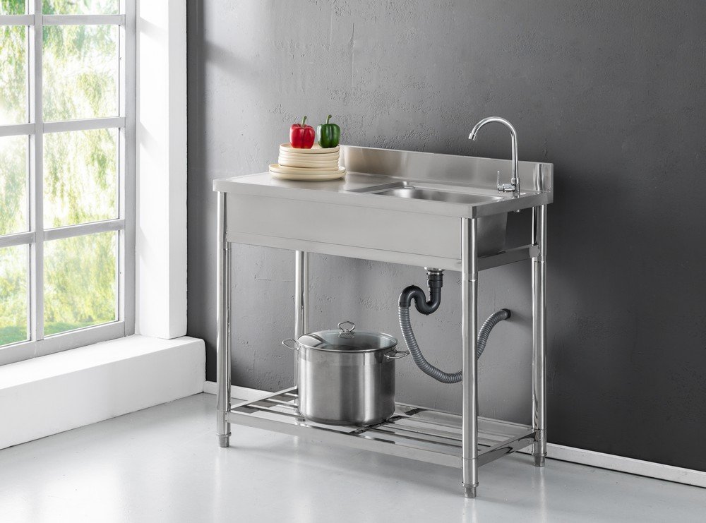 Küchenspüle aus Edelstahl mit Abtropffläche und Ablageböden, ca. 100 x 50 x 80 + 9,5 cm