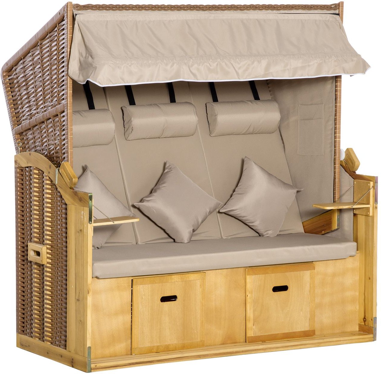 Strandkorb 3-Sitzer Dach 2 Klapptische Fußstütze 5-stufige Rückenlehne Polyrattan 150x79x160cm