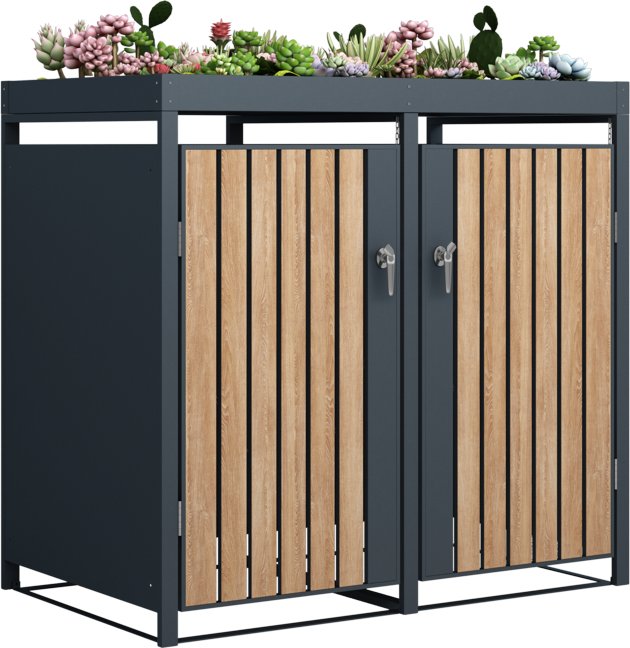 2er Mülltonnenverkleidung mit Pflanzdach in Holzoptik, ca. 132 x 80 x 124 cm - Anthrazit
