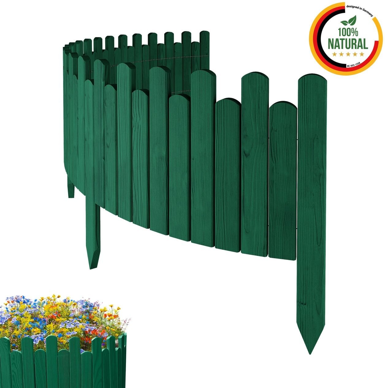 Beeteinfassung Rasenkante 200cm Flexibler Gartenzaun Rollzaun Palisade Höhe 30 cm, Grün
