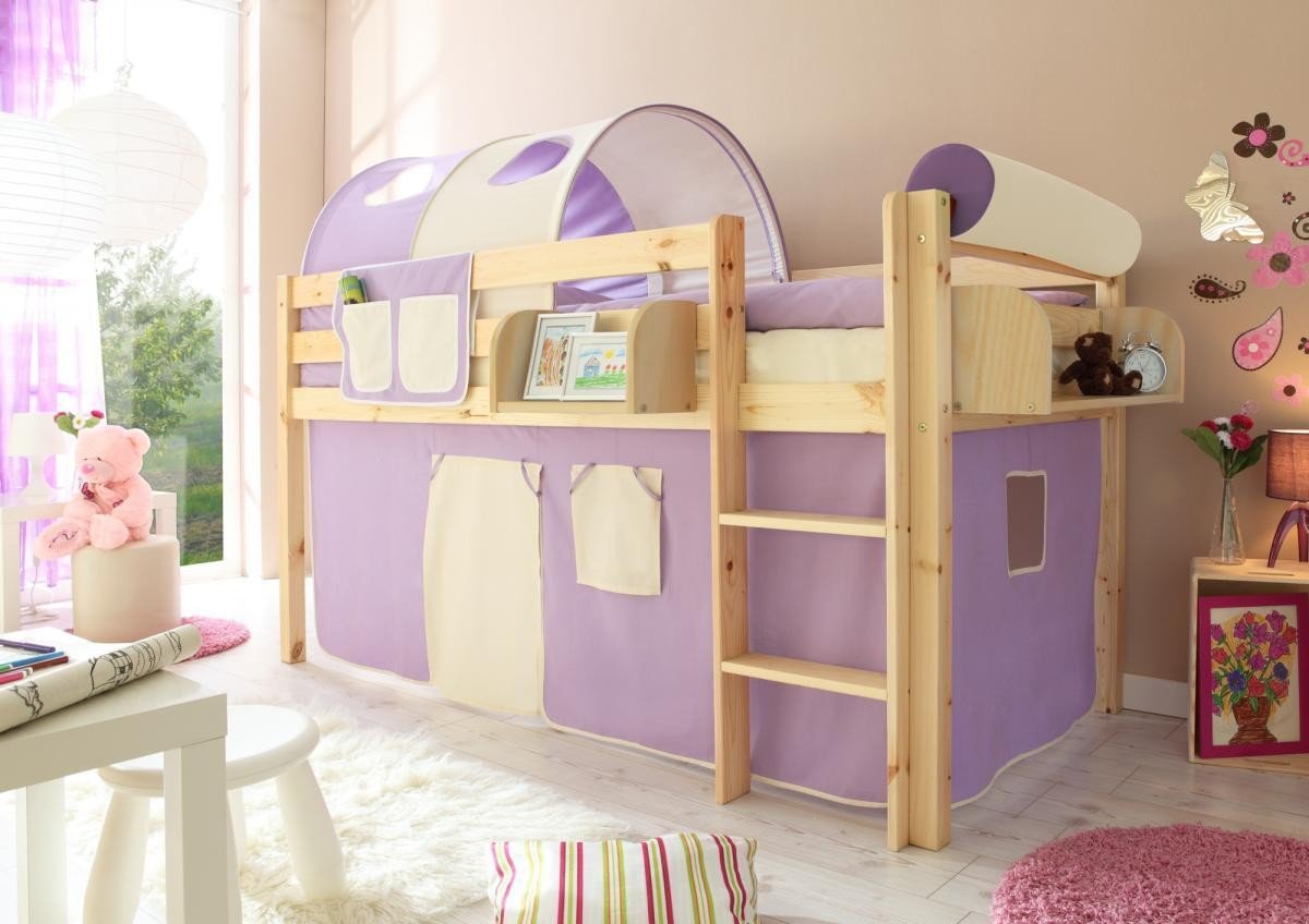Hochbett "Malte" Kiefer Natur "lila-beige"