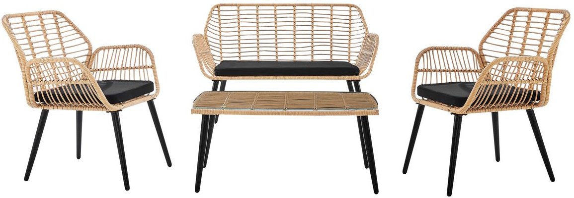 7tlg. helles Rattan Loungeset mit Sitzkissen in schwarz
