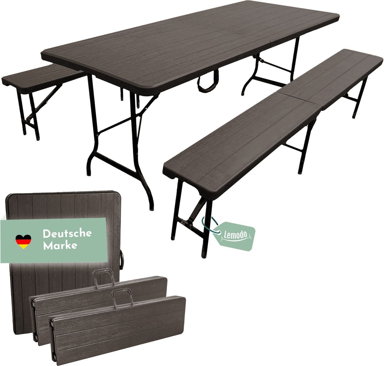 Bierzeltgarnitur Set mit 2xBierbank und 1xBuffettisch, braun, klappbar
