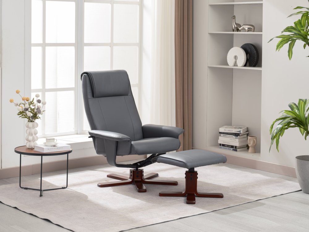 Verstellbarer Relaxsessel mit Hocker & Holzbeine - Grau