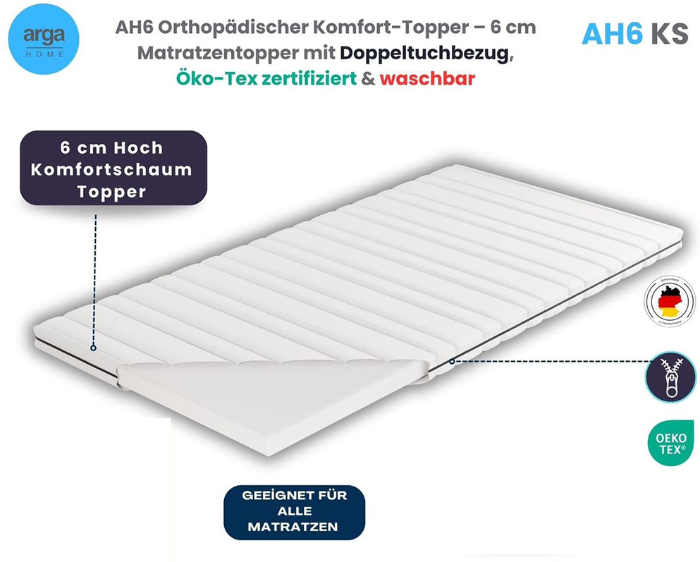 AH6 Orthopädischer Komfort-Topper – 6 cm Matratzentopper mit Doppeltuchbezug, Öko-Tex zertifiziert & waschbar