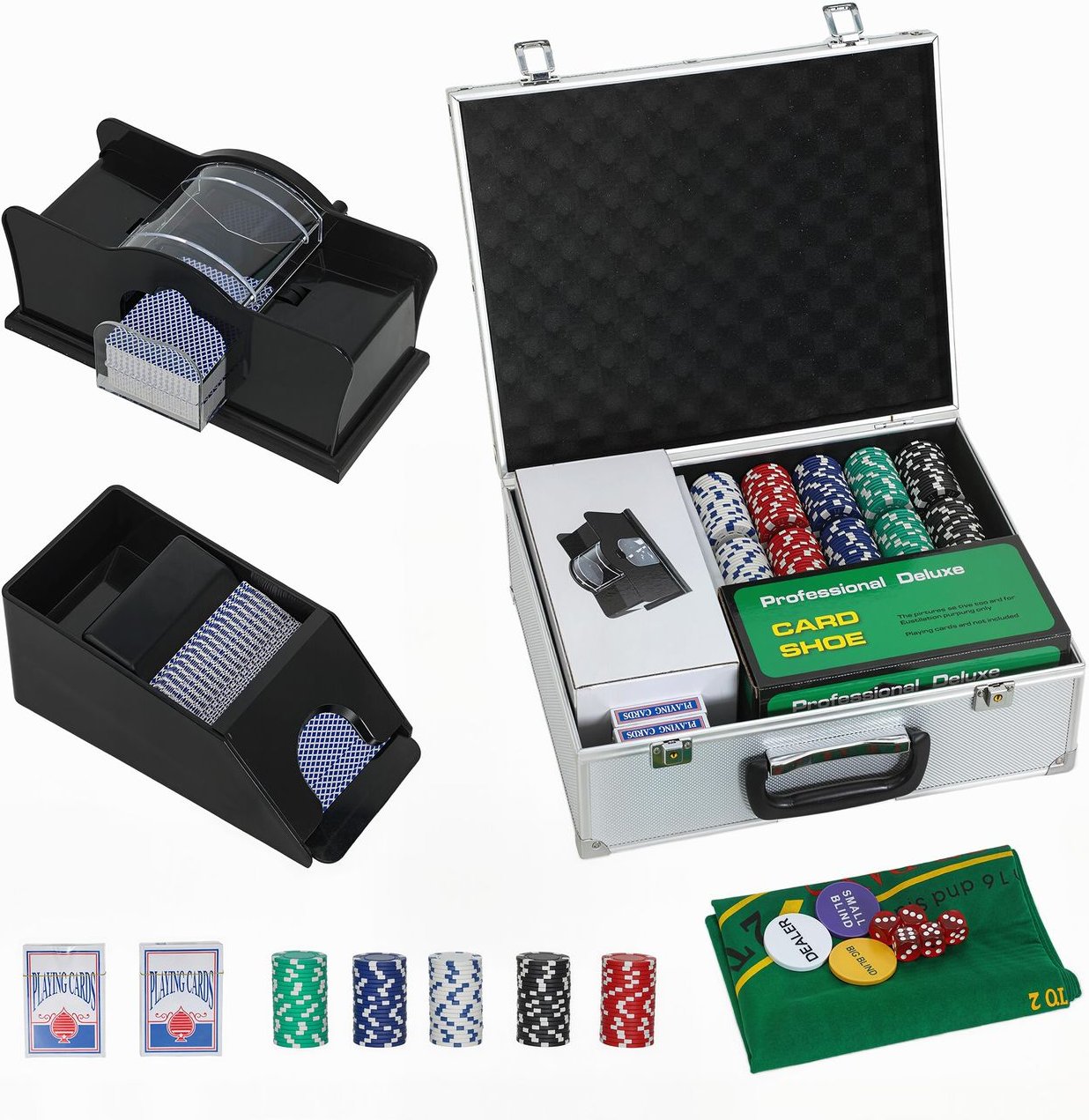Pokerkoffer abschließbar Pokerset mit Koffer 300 Chips Karten 5 Würfel Dealer