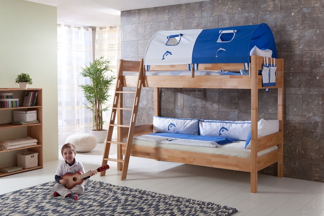 Etagenbett STEFAN Buche massiv natur, Stabverleimt, geplankte Optik, inkl. Textilset weiß/delfin