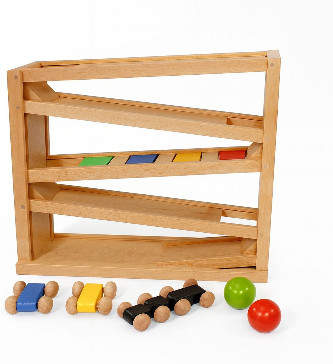 Holz Kugelbahn Buche, Autorennbahn ab 2 Jahren mit 3 Autos und 2Kugeln