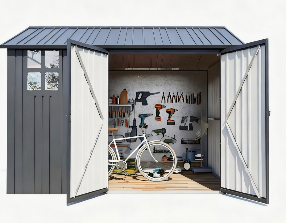 Metallgeräteschuppen mit Schwingtür und Fenster, ca. 198 x 275 x 224 cm – Grau