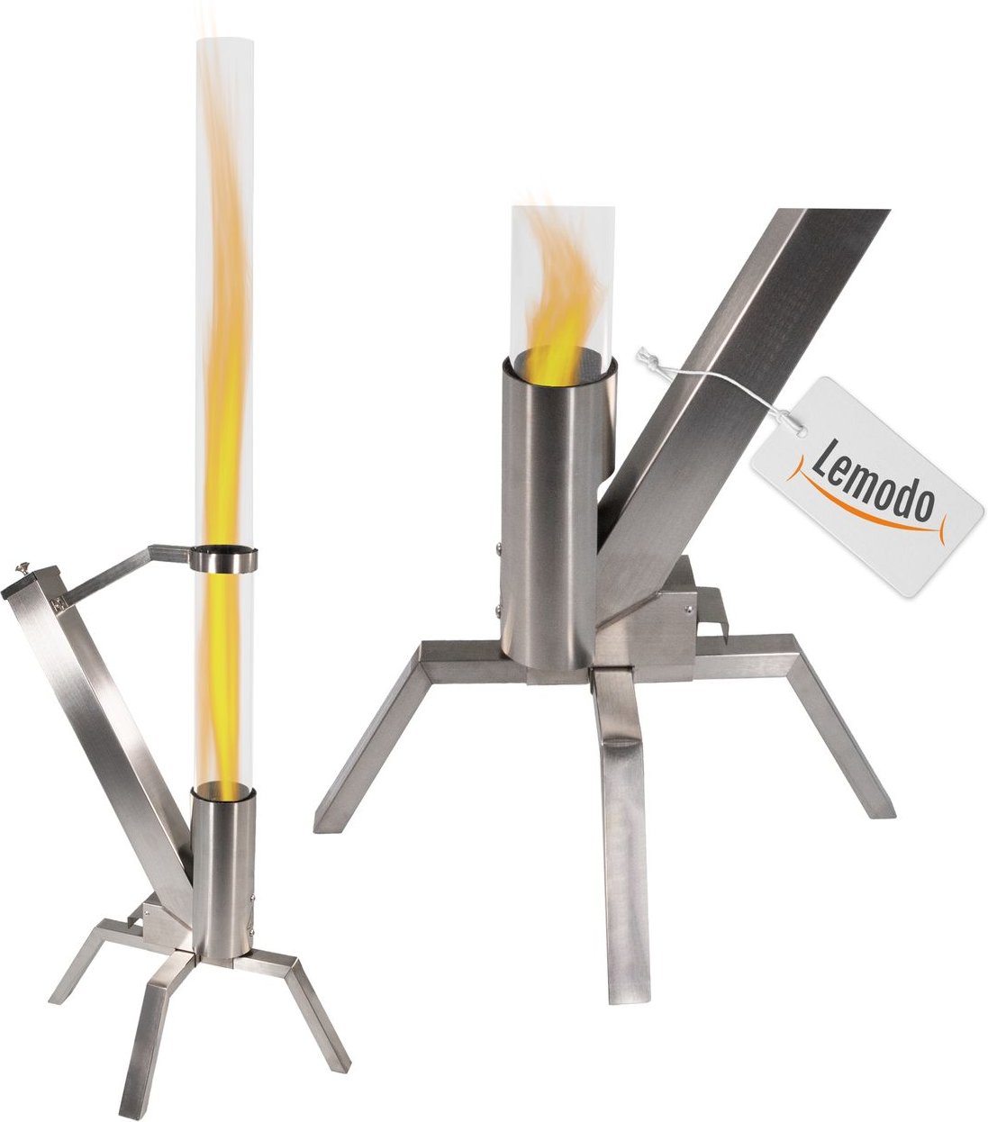 Pelletfackel Edelstahl, Feuerrohr mit Glasröhre, Feuersäule 90 Min. Brenndauer