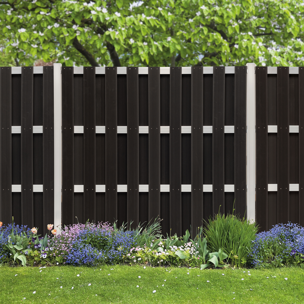 WPC Sichtschutzzaun Milano Line 3x Element Zaunfeld anth. & 4x Alu-Pfosten eloxiert zum Einbeton.