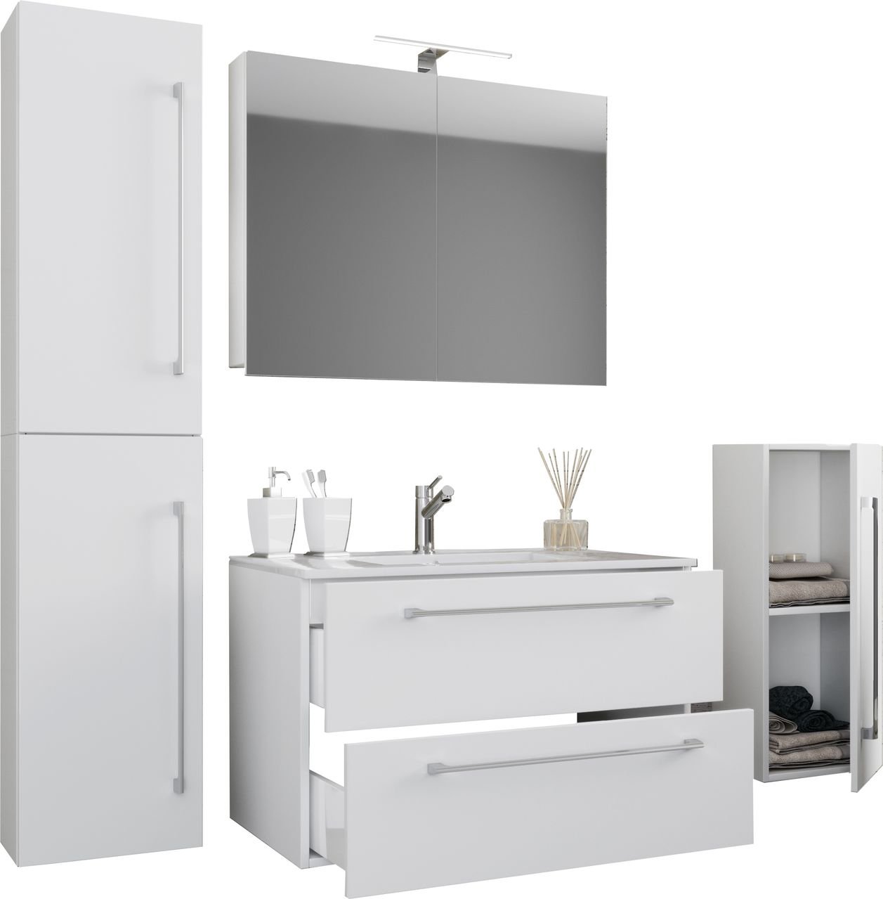 5-tlg. Waschplatz "Badinos 2 Schubfächer" 80 cm | Mit Spiegelschrank und Midi- / Hochschrank Weiß