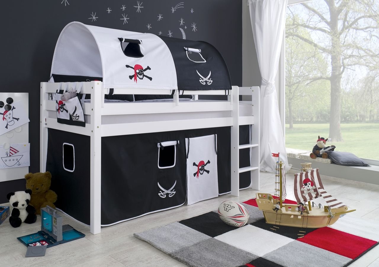 Halbhohes Spielbett ALEX Buche massiv weiß lackiert mit Stoffset Pirat