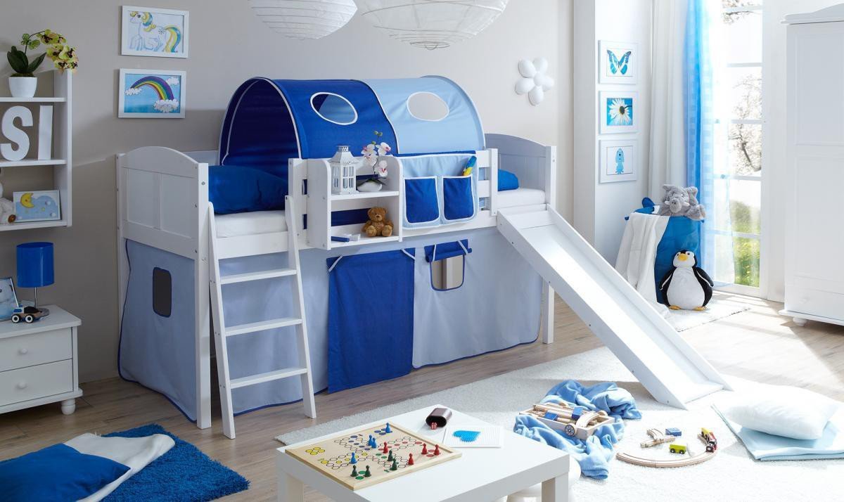 Rutschbett "Ekki" Country Kiefer weiß "hellblau-dunkelblau"