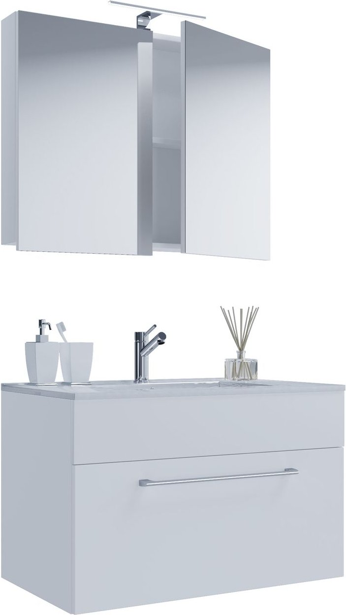 3-tlg. Waschplatz "Badinos 1 Schubfach" 80 cm | Mit Spiegelschrank Weiß