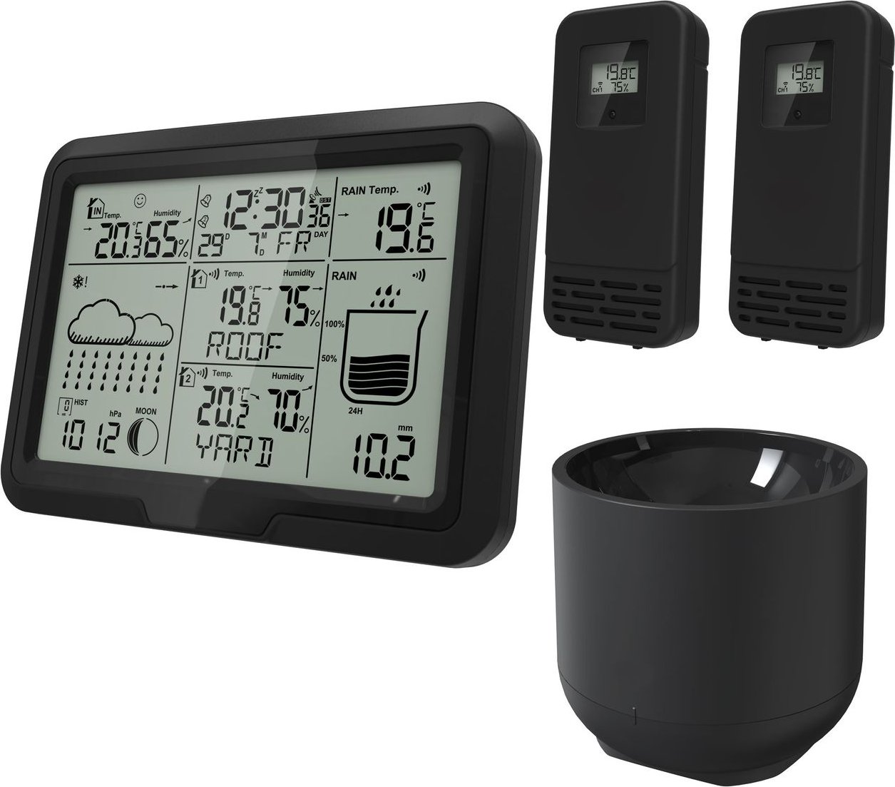 Miraval Design Funk-Wetterstation mit 2 benennbaren Sensoren + Regenmesser Mondphasenanzeige