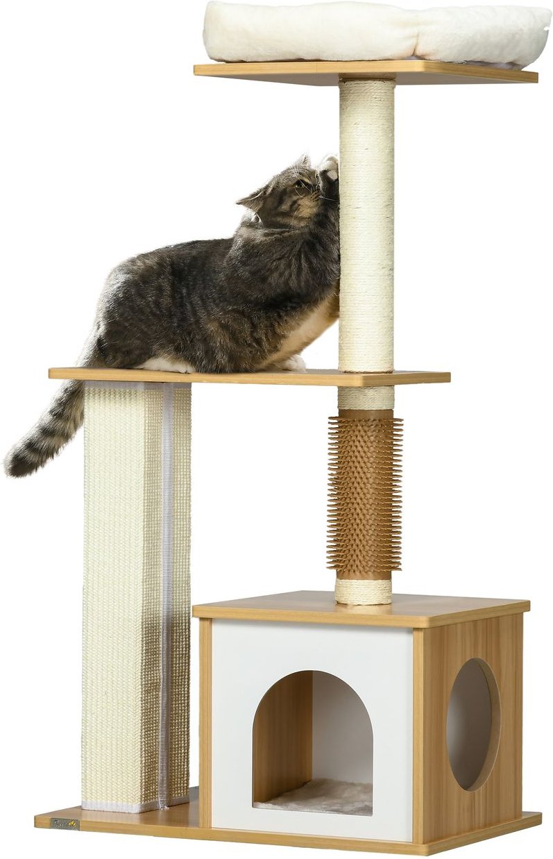 Kratzbaum, 114 cm hoch, Katzenbaum mit Katzenhöhle, Kitzelsäule, Eiche