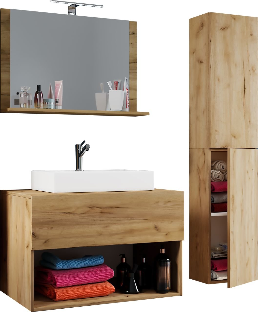 4-tlg. Waschplatz "Lendas II" 80 cm inkl. Spiegel & Hochschrank Honig-Eiche