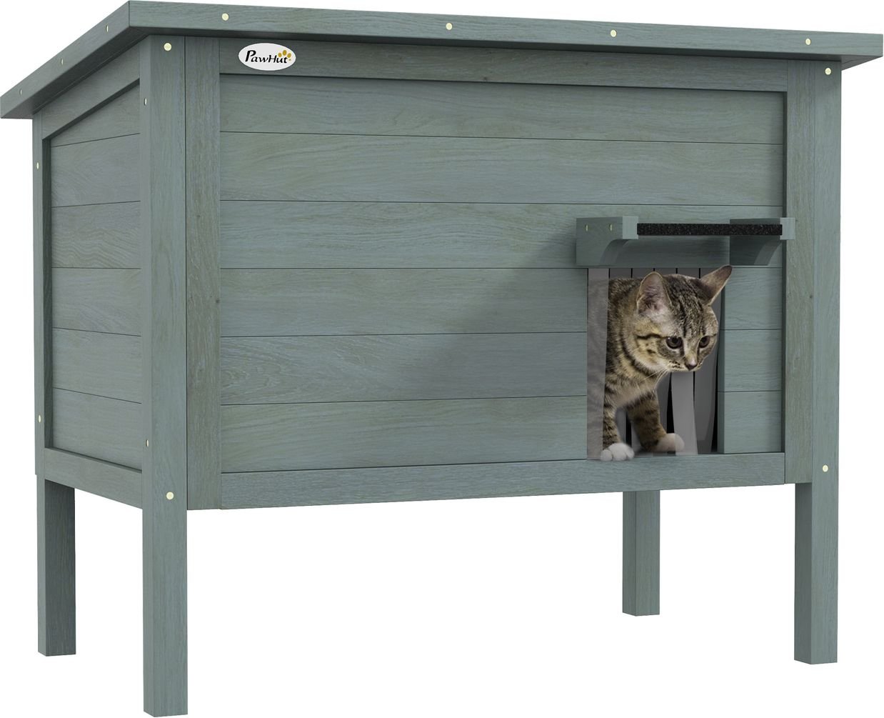 Katzenhaus aus Holz, Katzenhöhle Outdoor, Isolierte Katzenhütte mit Türvorhang