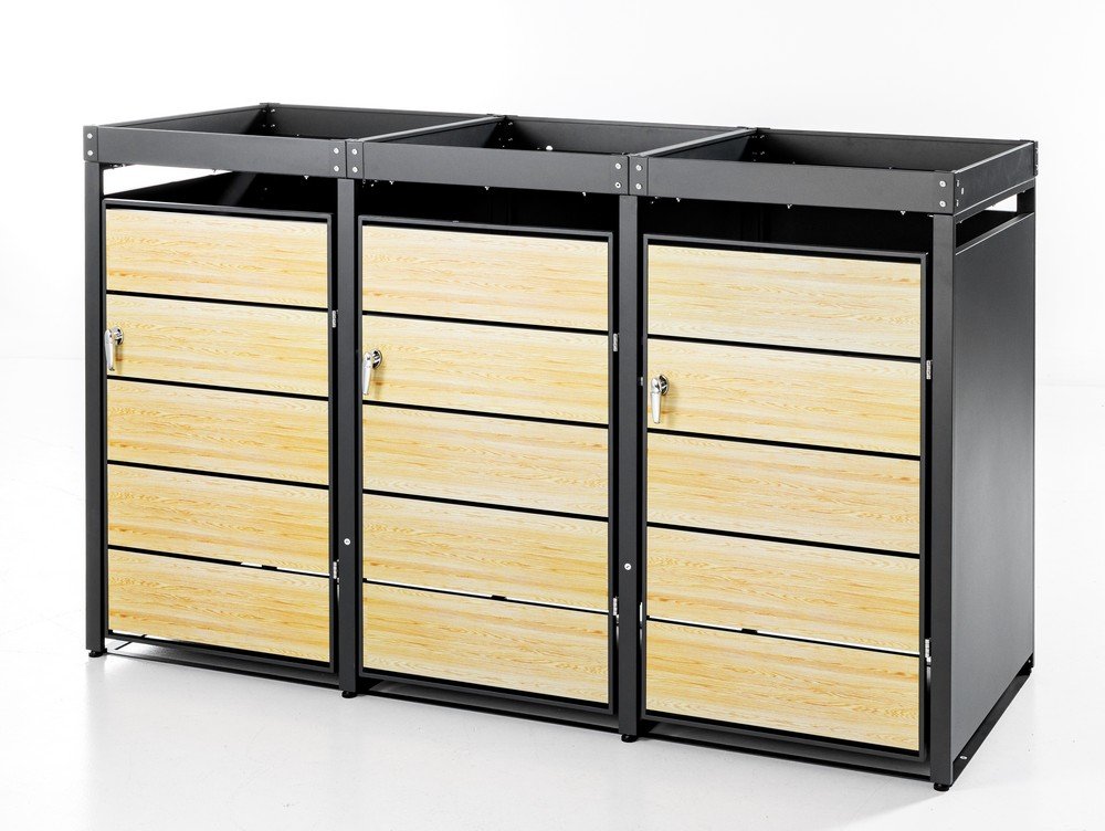 3er Mülltonnenverkleidung in Holzoptik, ca. 196 x 80 x 124 cm - Anthrazit
